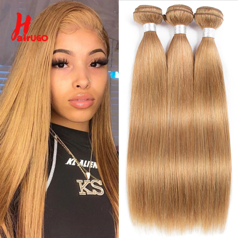 HairUGo #27 Honey Blonde Human Hair Extensions Remy Hair Weave Pre-Colored Brazilian Body Wave Bundles Hair Weaving