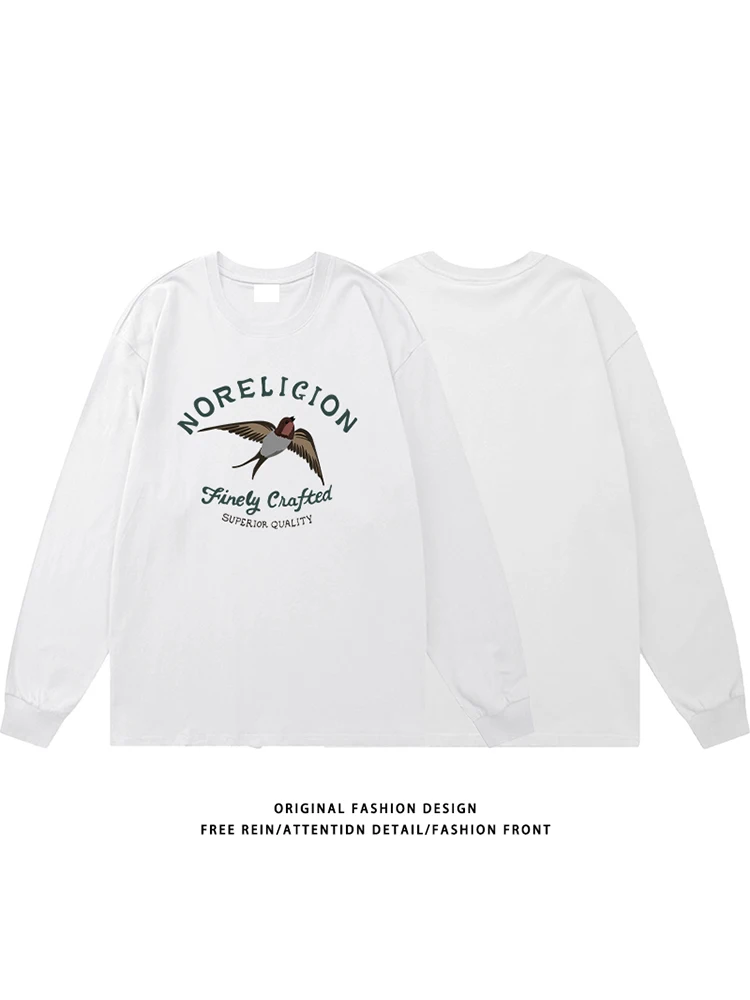 260G Pure Cotton White T-shirt Men's Fashion Brand Print Bottoming Shirt Outer Wear Autumn and Winter 2024 New Japan fashion Top