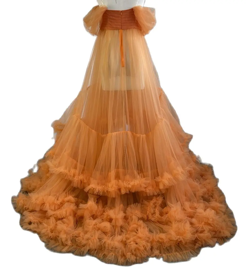 

Orange Tulle Maternity Photography Dress for Photoshoot Maternity Dresses for Babyshower Off Shoulder Robe Bathrobe