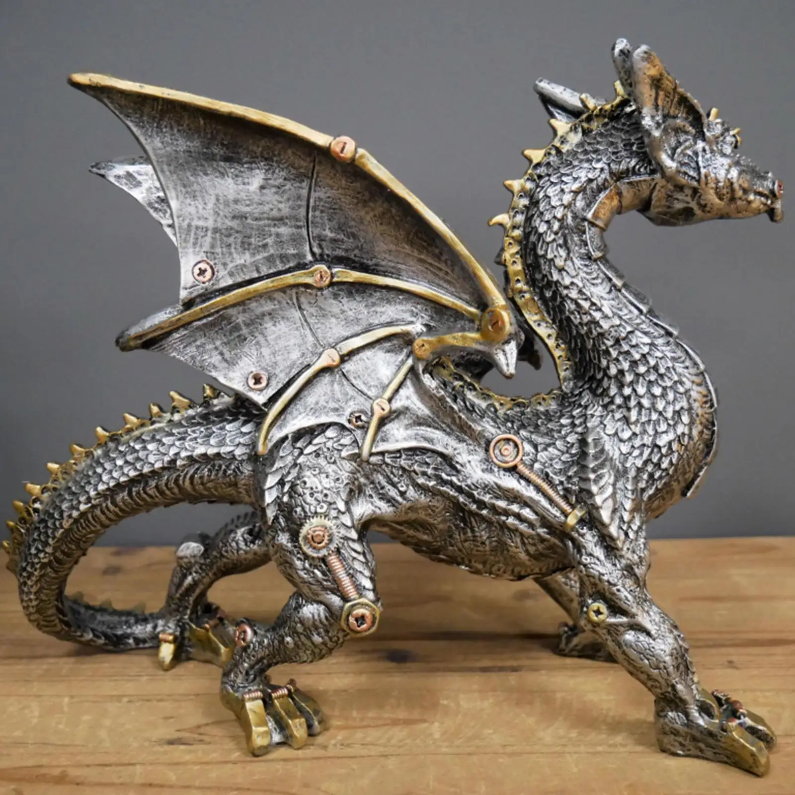 

Steampunk Dragon Figurine 9" Long Bronze Silver Fantasy Sculpture 7"Tall