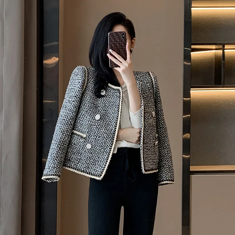 

Double Breasted Cropped Tweed Blazer Autumn New Casual Korean Woolen Jackets Outwear Vintage High-quality Office Lady Coat Q352