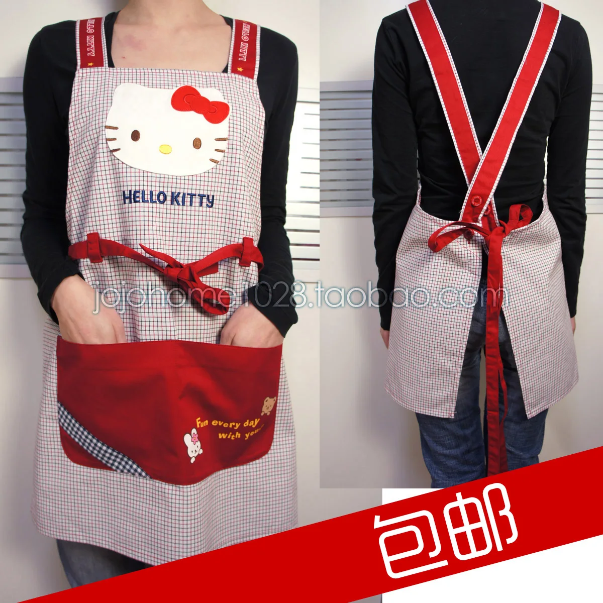 

Кухонный Фартук с вышивкой Hello Kitty, Женский хлопковый фартук для готовки и выпечки, домашний кухонный фартук, забавный японский фартук