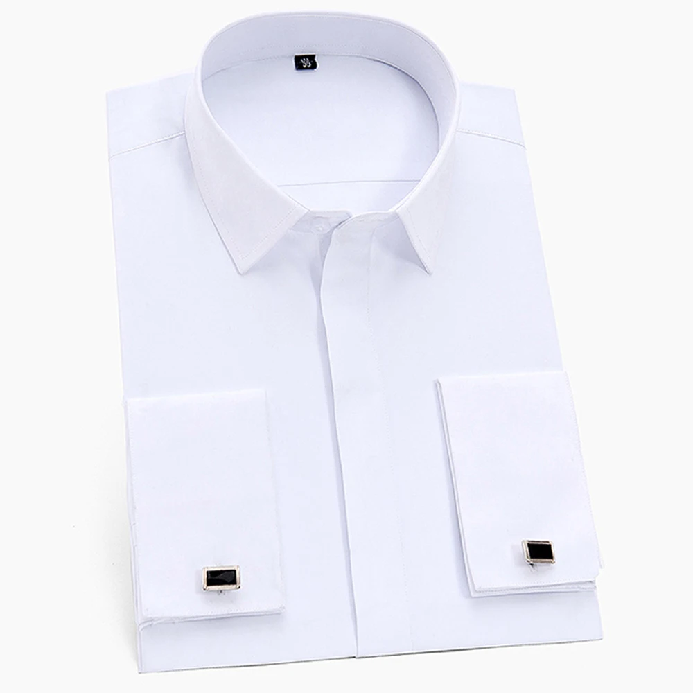 

Standard-fit Formal Solid Work Sleeve Shirt Cuffs Dress Placket Business White Covered Shirts Classic Office French Men's Long