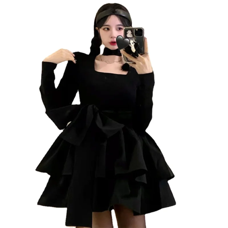 

Женское повседневное винтажное мини-платье Y2k, черное пикантное платье с длинным рукавом, весна 2022, корейская мода, вечернее праздничное пла...
