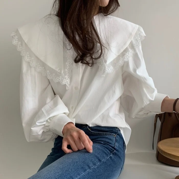 Женская блузка Корейская Шикарная новая свободная кружевная рубашка с кукольным