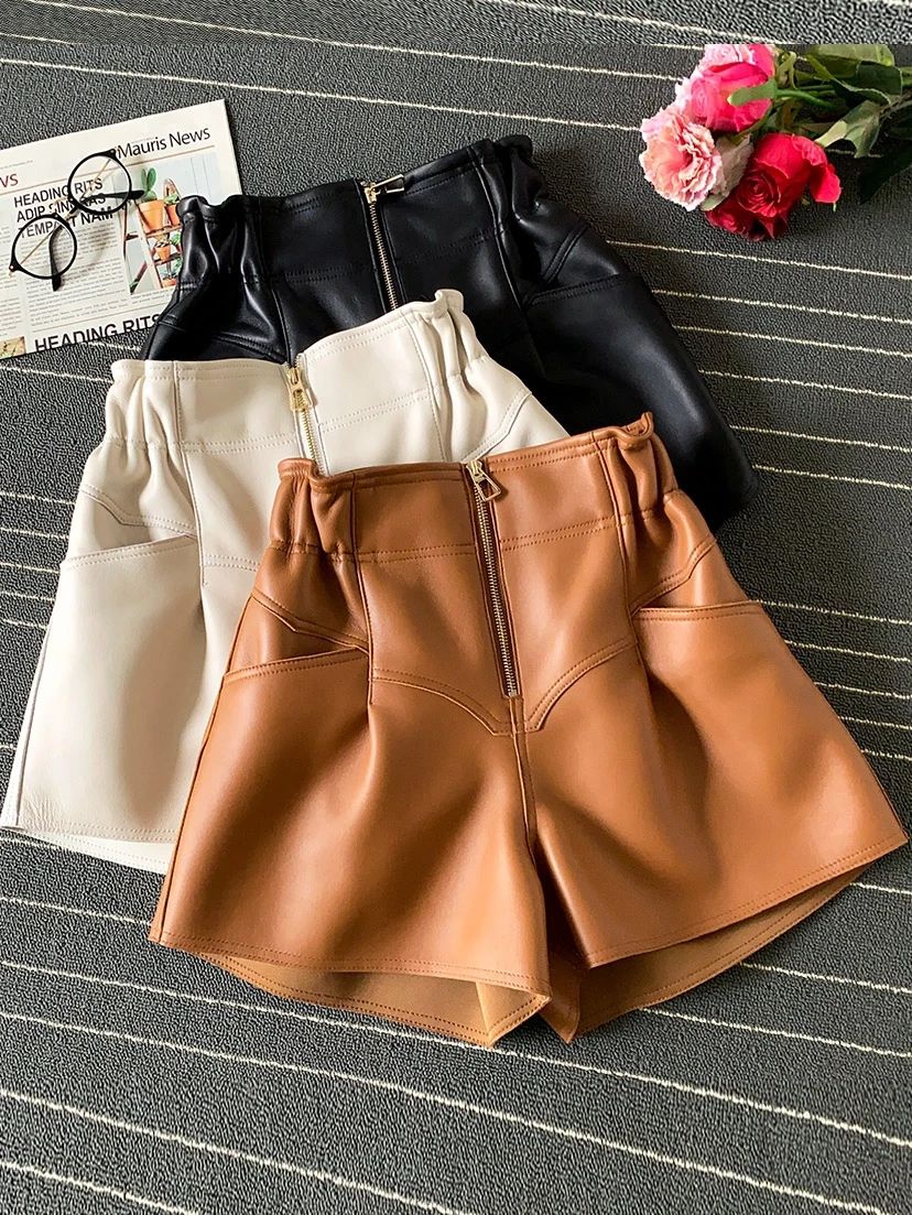 ZDFURS*2022 Winter New Fashion Genuine Leather Wide Leg Pants High Waist A- line Loose Leather Shorts Women's Casual Pants