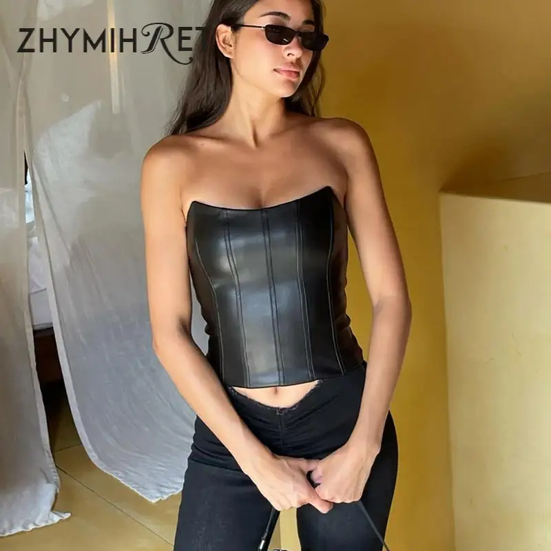 

ZHYMIHRET, винтажный корсет без бретелек из искусственной кожи, Женский Топ на молнии сзади, одежда Y2K, женская летняя уличная одежда 2022