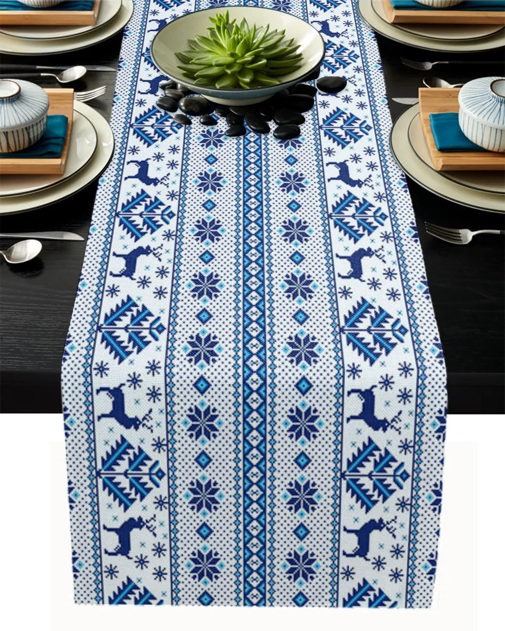

Christmas Elk Snowflake Pine Blue Tablecloth Table Runner Decoration Home Decor Dinner Table Decoration Table Decor