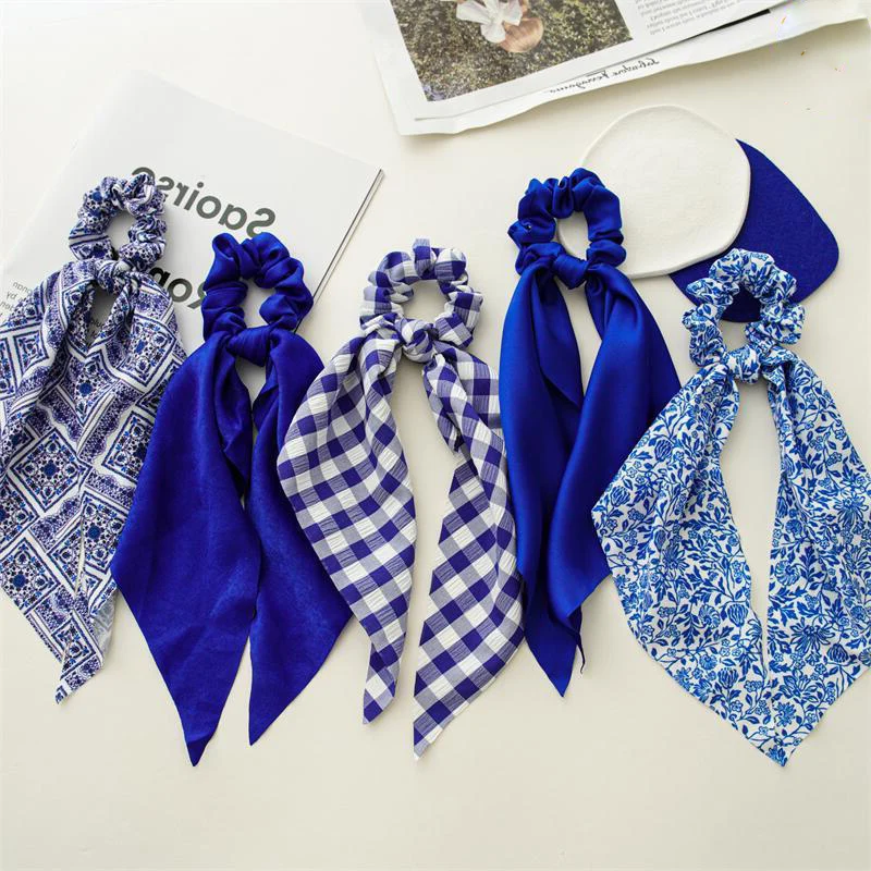 

Women Blue Scrunchie Ribbon Elastic Hair Bands Bow Rubber Band for Girls Hair Ropes Hair Ties Headwear Fashion Hair Accessories