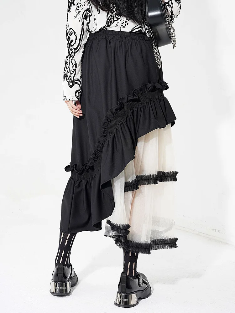 Женская юбка с высокой эластичной талией черная сетчатая трапециевидная