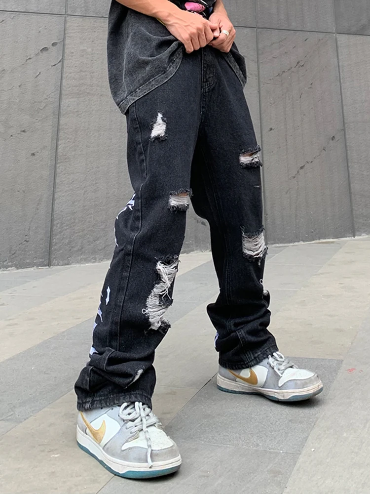 New Jeans Men's Brand Clothing Korean Hip-hop Hole Embroidery Oversized S-4XL Straight Black Trousers Fashion Men’s Streetwear