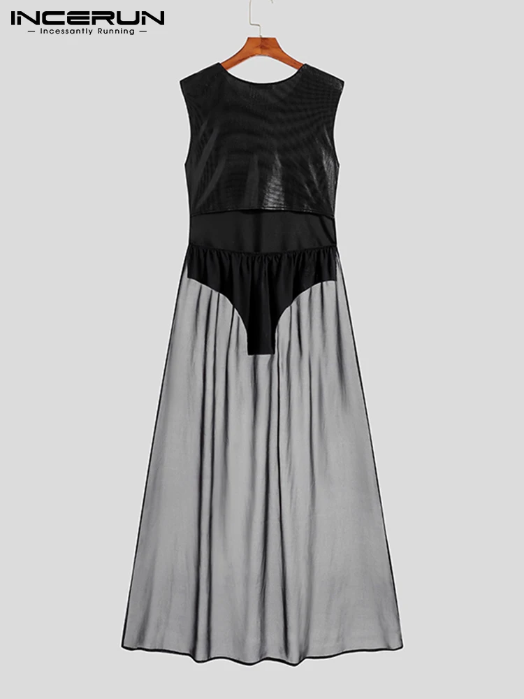 Stylish Men Homewear Glossy Check Coated Jumpsuit Fashion Male Back Hem Panel Comfortable Mesh Triangle Bodysuits S-5XL INCERUN