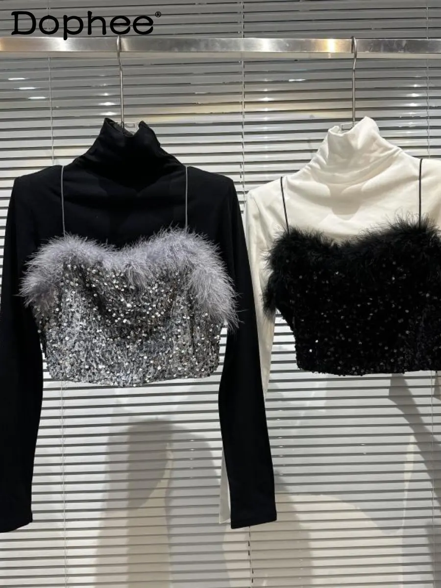 

2022 Fall Winter New Fashionable Sequins Plush Camisole Vest + Turtleneck Solid Color T-shirt Crop Tops Two-Piece Set for Women