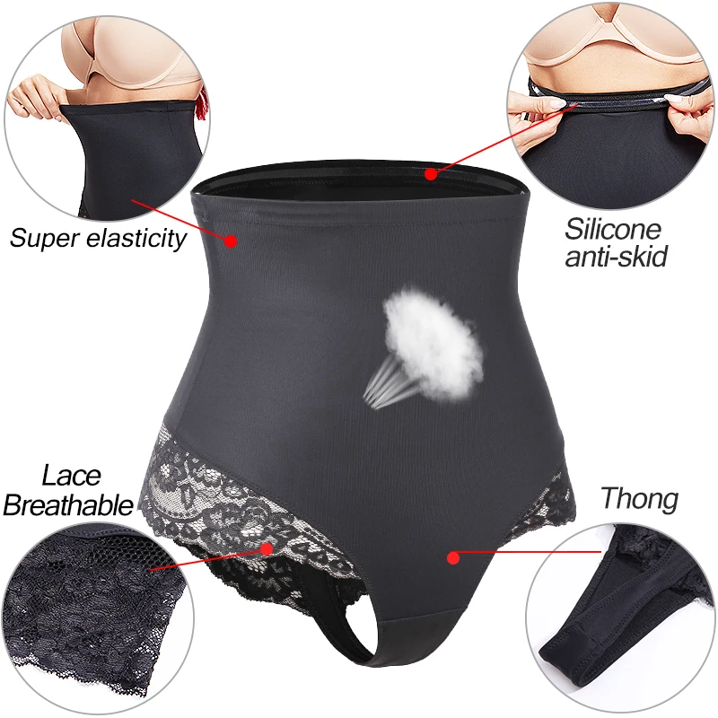 Womens High Waisted Tummy Control Shaper Panties Thong Panty Shapewear Underwear Butt Lifter Belly Waist Shaping Brief with Lace