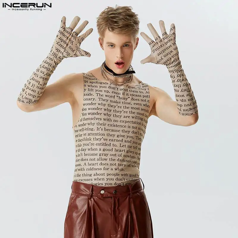 

INCERUN Tops 2023 American Style New Men Funny Letter Print Thimble Tank Tops Sexy Fashion Male See-through Mesh Waistcoat S-5XL