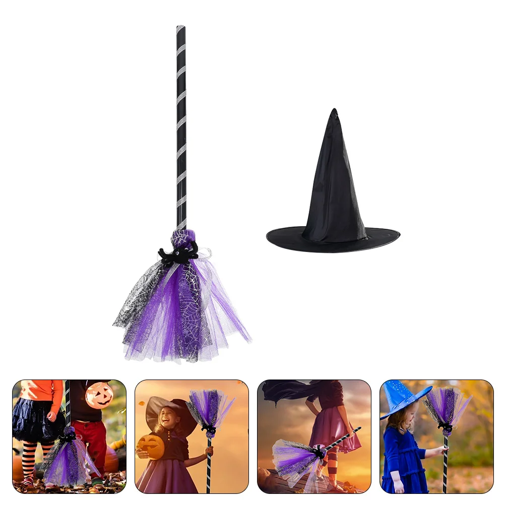 

1 Set Masquerade Hat Broom Prop Party Cosplay Witch Broom Costume Accessories
