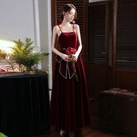luxurious velvet evening dress elegant spaghetti straps pearls embellished with sweet bow a line long graduation gown