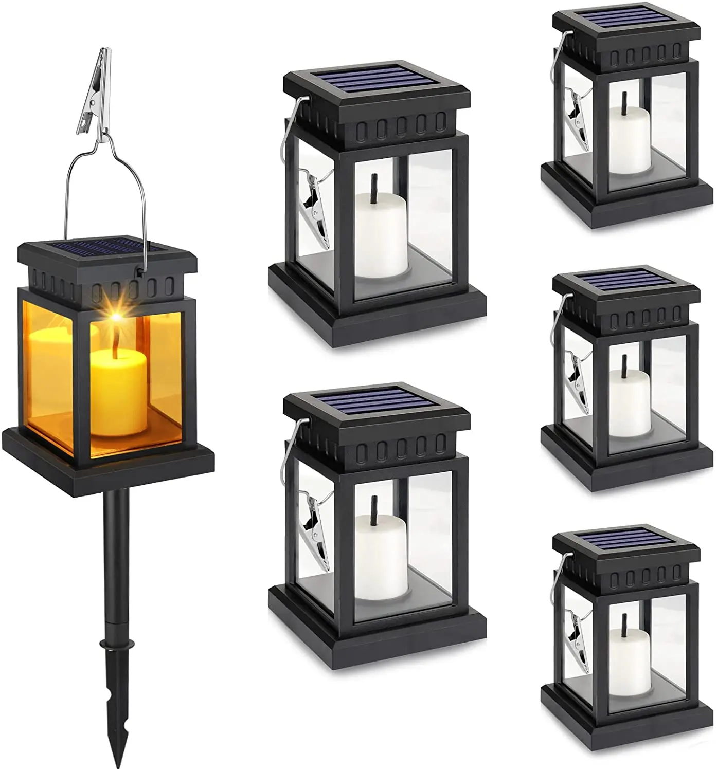 6Pack Solar Hanging Lanterns Outdoor Candle Effect Light with Stake for Garden Patio Lawn Deck Umbrella Tent Tree Yard