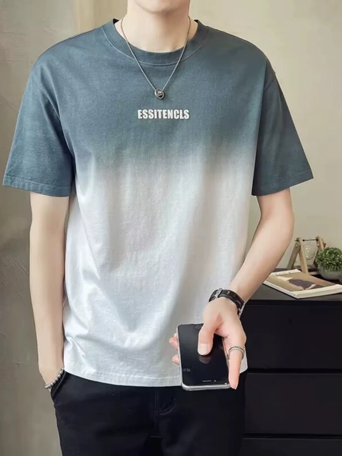 Men's Youth Plus size Modal Cotton T-shirt Short sleeve Summer Ice Silk Gradient Color Thin Half Sleeve Casual Top