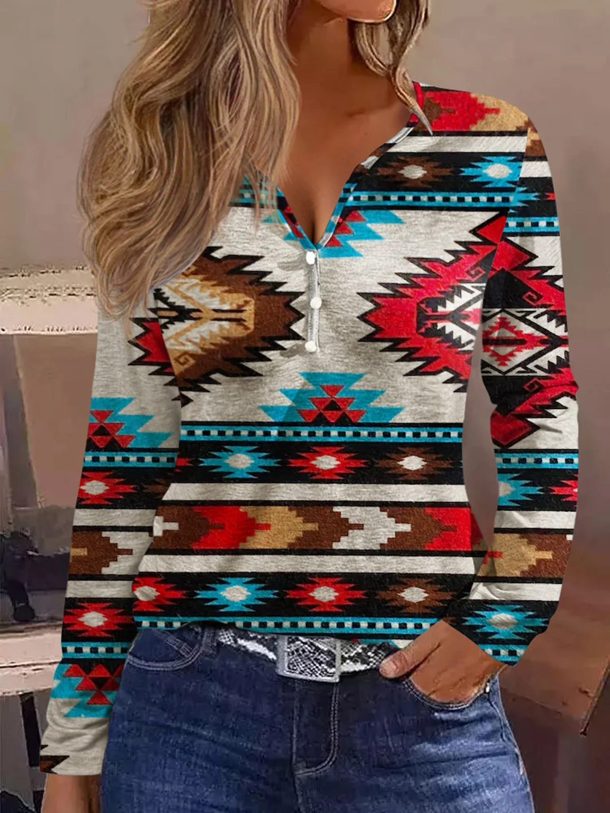 

2023 Autumn Winter Aztec Geometric Button Long Sleeve Blouse Gorgeous Rural Fashion V-neck Print Streetwer Novel Tops For women