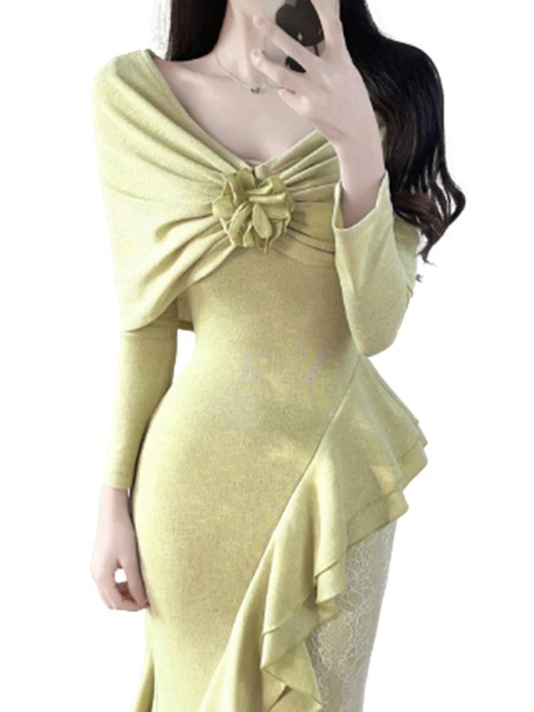 

French Style Temperament Ruffled V-neck Dress Gentle Knot Sexy Dress