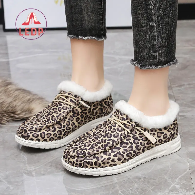 Winter Warm Plush Vulcanize Sneakers Leopard Print  Shoes Women Comfort Flats Slip on Womens Shoes Large size Mocassin Loafers