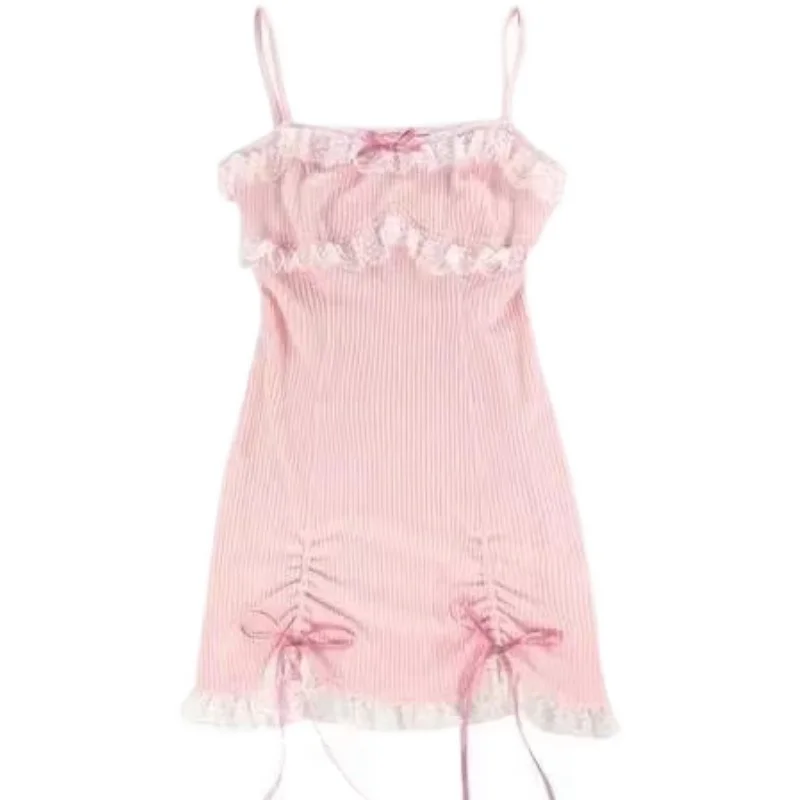 

Pink Spaghetti Strap Dress Women Summer Sleeveless Ribbon Lacing Up Lace Trim Bow Mini Dress for Sweet Girls Kawaii Clothes