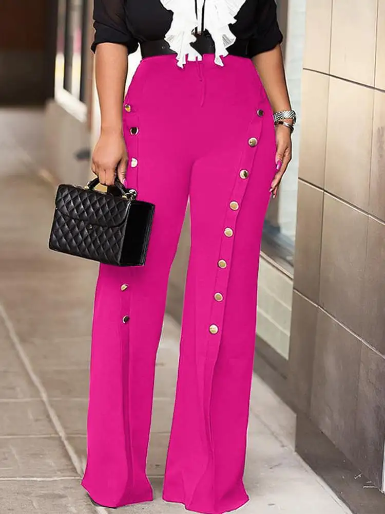 

Women High Waist Wide Leg Pants VONDA 2023 Fashion Casual Solid Color Long Trousers Elegant OL Streetwear Button Split Pantalon