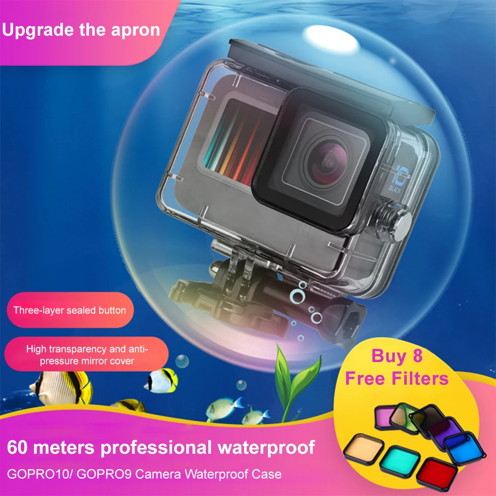 

Защитный чехол для GoPro Hero 10 9 Black для подводной съемки, водонепроницаемый защитный чехол для дайвинга до 60 м, с красным фиолетовым цветным фил...