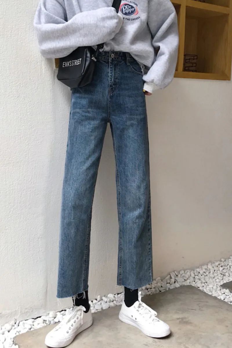 N1825  New style loose high-waisted slim distressed straight-leg jeans ankle-length jeans