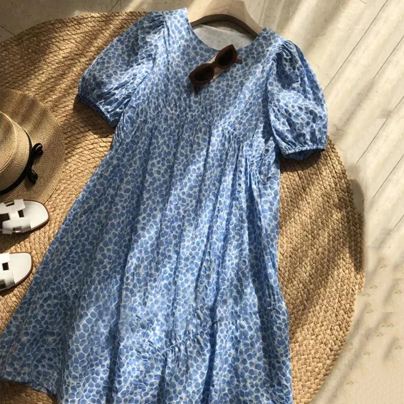 

2022 New Summer Dress Sen Womanliness Fresh Blue Bubble Print Round Neck Loose Slim High Waist Dress Birthday Dress For Women