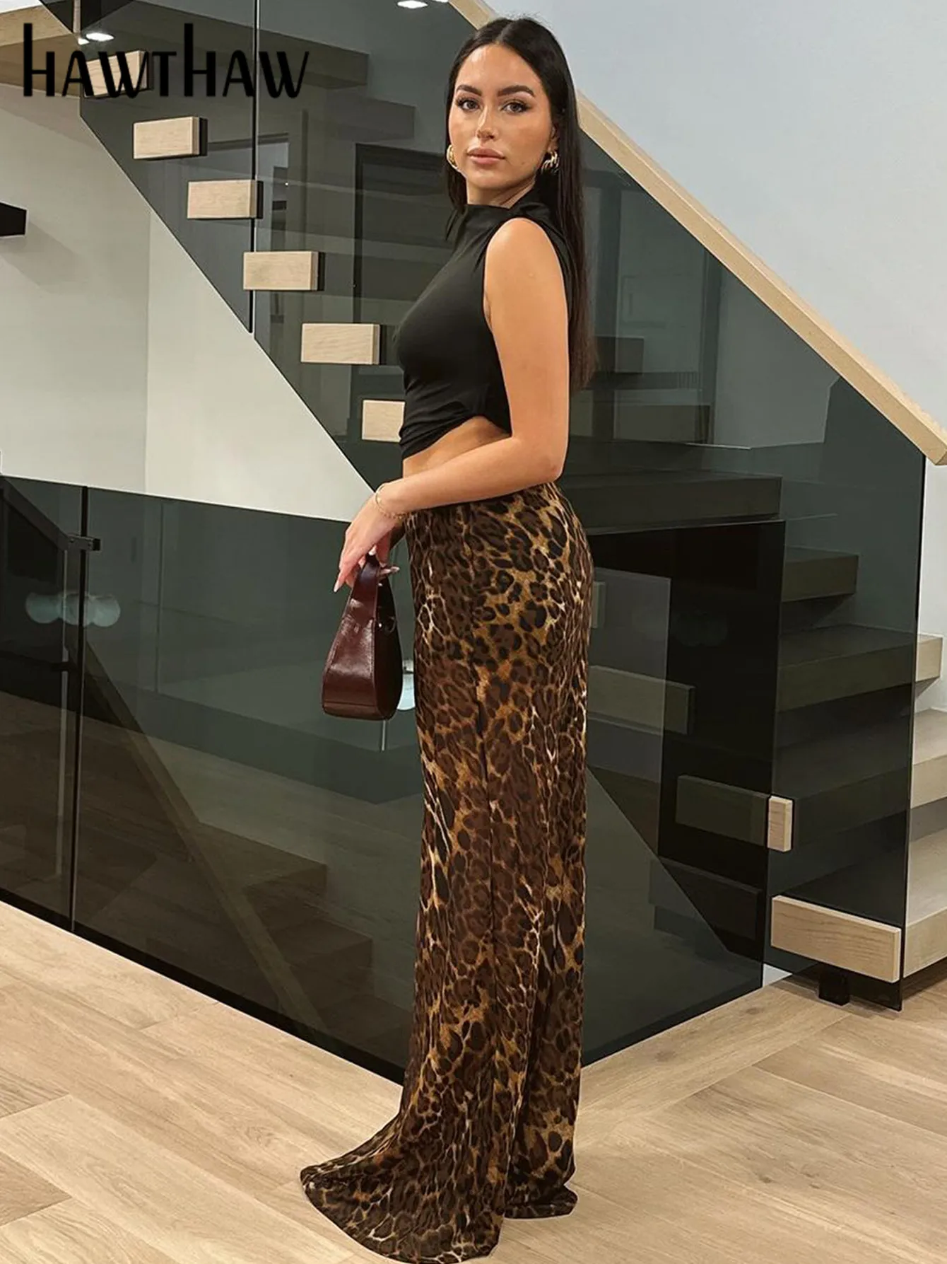 Hawthaw женские 2024 весенне-осенние элегантные длинные юбки с леопардовым принтом и