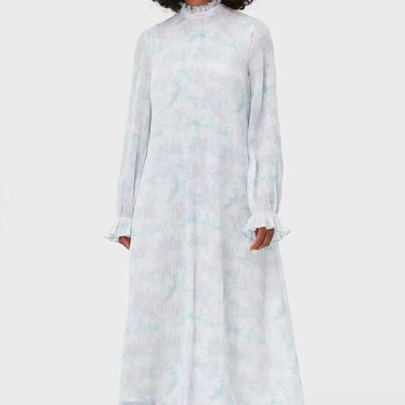 

Women Floral Print Dress 2022 new Loose Stand Collar Long Sleeve Ladies Ruffle Midi Robe