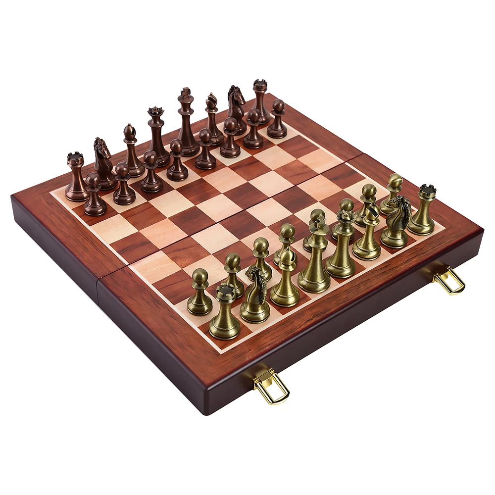 Medieval Metal Chess Set Wooden Chessboard Adult Children Metal Chess Pieces Family Games Toys Interior Decoration Gifts