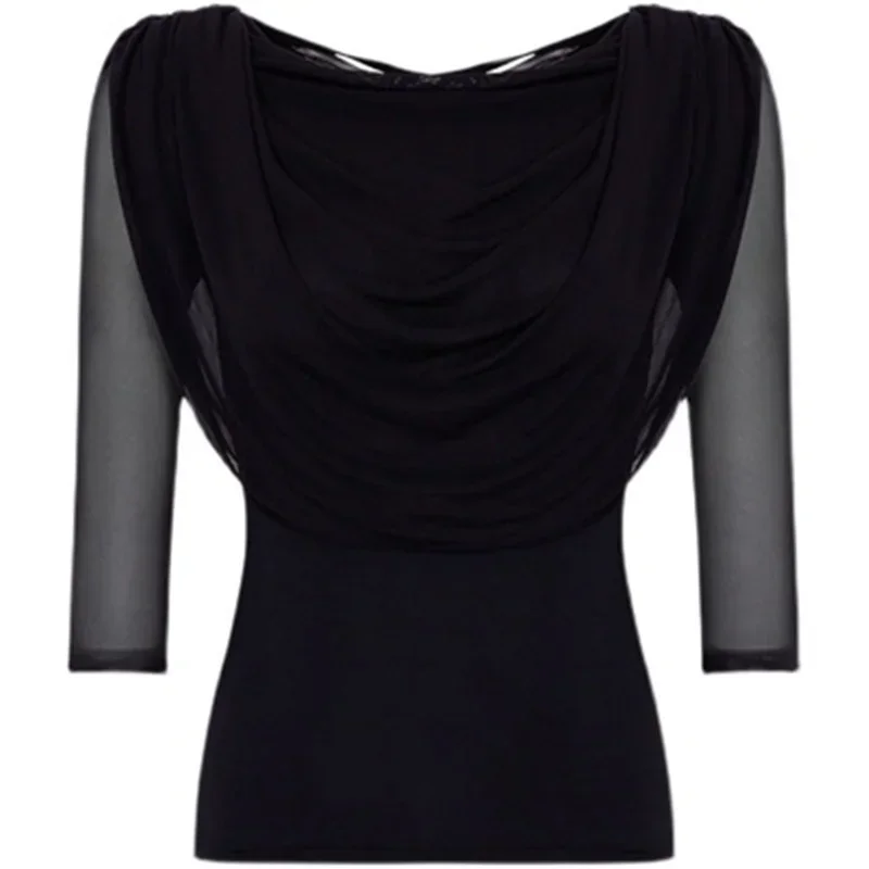 women's latin dance clothes Mid-Sleeve Mesh Modern Ballroom Dance Crew Neck Exercise Top ladys Professional Stage Show Shirts