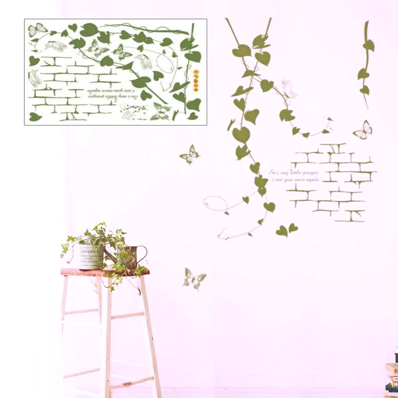 

Delicate Parlor Korean Modern Living Room Green Rattan Vines Butterfly PVC Decorative Wall Sticker