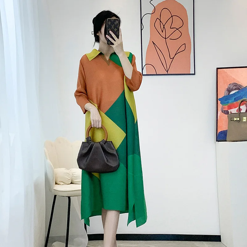 

Miyake стильное плиссированное платье для женщин 2023 Весна Осень Модные Цветные с принтом лацканы свободные Плюс Размер повседневные платья средней длины