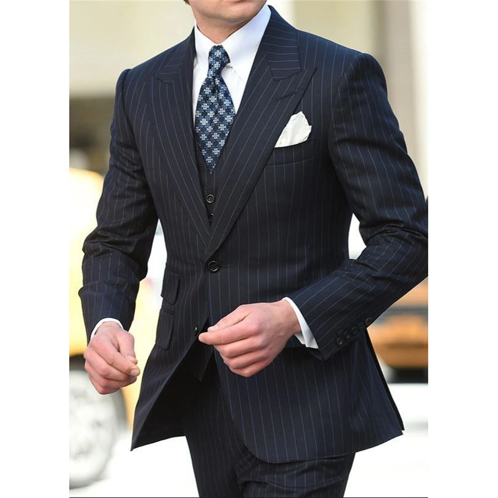 Элегантные темно-синие полосатые костюмы для мужчин деловой блейзер с пиковым
