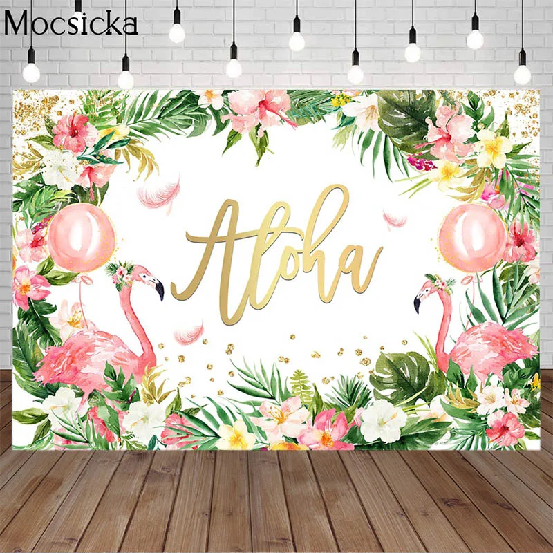 

Summer Aloha Birthday Party Backdrops Flamingo Hawaii Party Green Leaves Decoration Child Kids Portrait Photo Background Studio