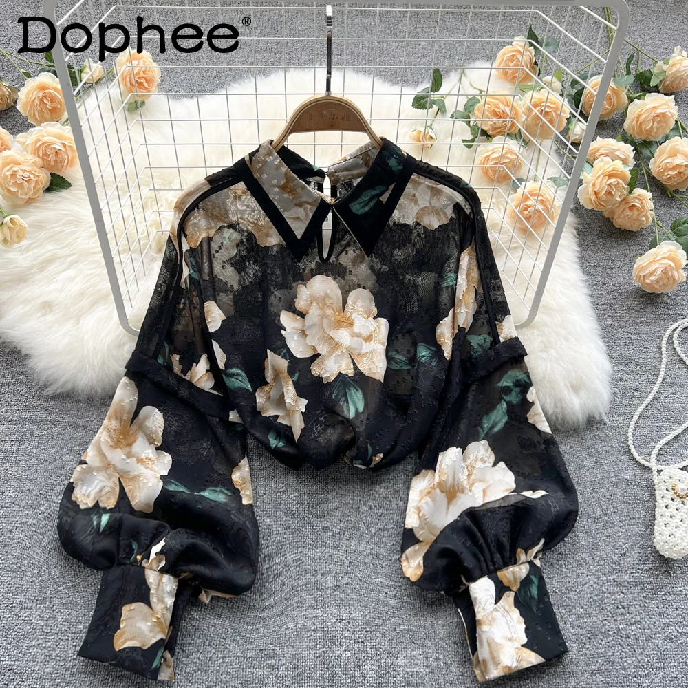 

Court Style Vintage Printed Lantern Sleeve Shirt for Women 2021 New Spring Versatile Chiffon Blouse Female Pullover Top Fashion