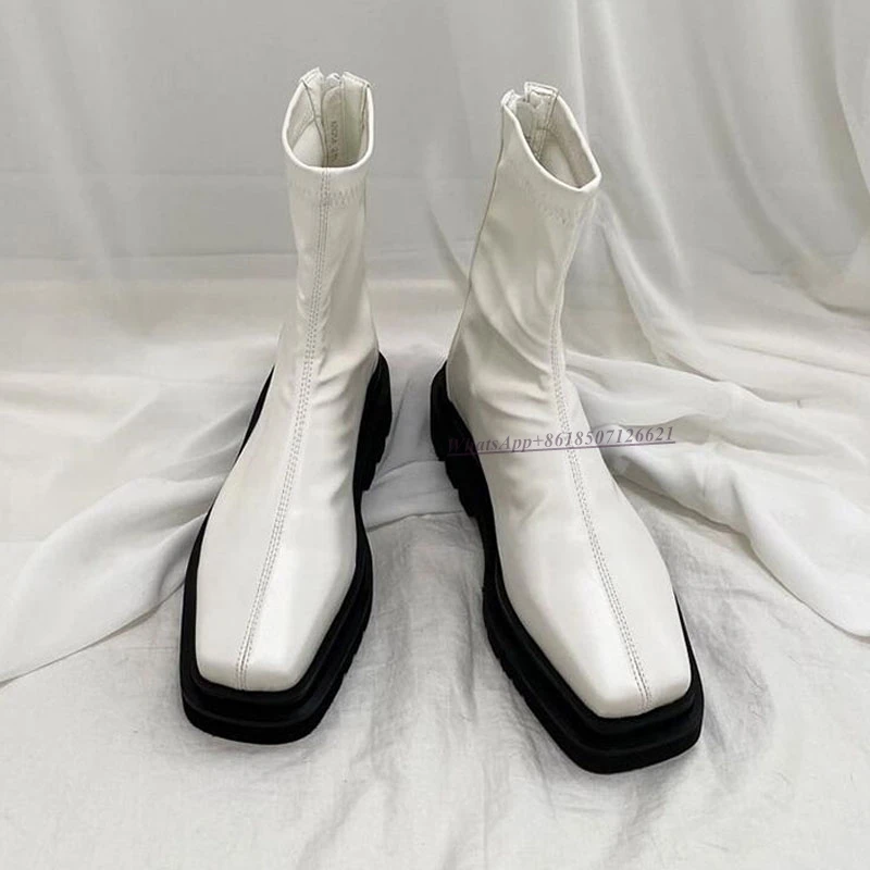 Fashion Versatile Solid Color Flat Ankle Boots Back Zipper Square Toe Multicolor Boots for Women