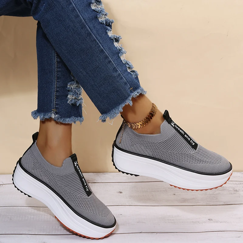 2023 Fashion Platform Sneakers for Women Mesh Breathable Sports Tennis Shoes Woman Thick Bottom Knitting Loafers Shoes Plus Size