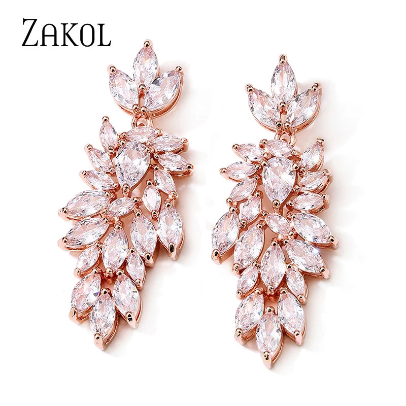 

ZAKOL Luxury Flower Leaf Marquise Zirconia Drop Dangle Earrings for Women Statement Wedding Party Bridal Jewelry EP1122