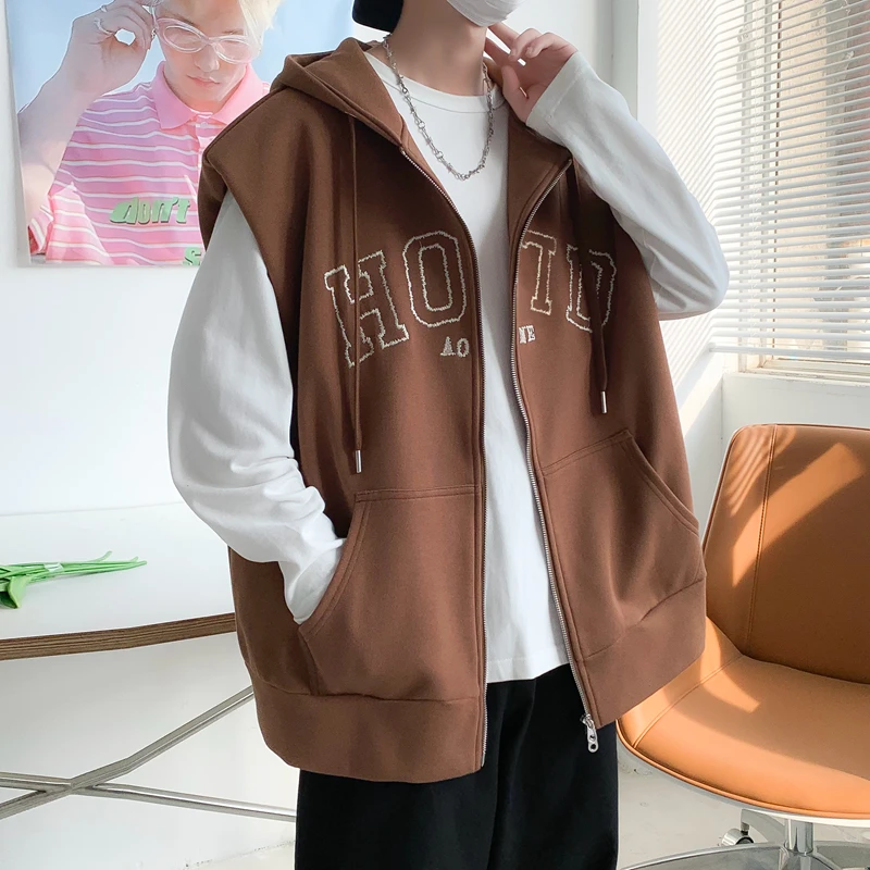 

Осенняя мужская куртка с капюшоном, жилет без рукавов, свитер с надписью, куртка на шнуровке