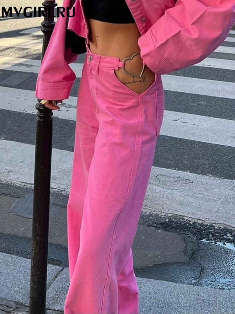 

MVGIRLRUWomen's Hollow Waist With Heart Shape Pants Fashion Wide Leg Pockets Straight Denim Cool Trousers Baggy Pink JeansFemale