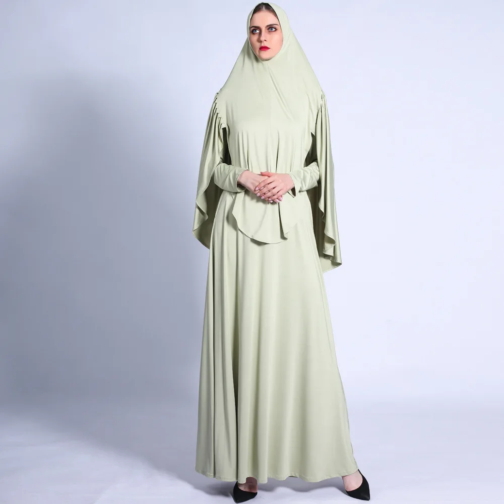 Robe Femme Musulmane Ramadan Pleated Headscarf Set Large Swing Dress Retro Muslim Dress Solid Abaya Turkey Muslim Fashion Robes