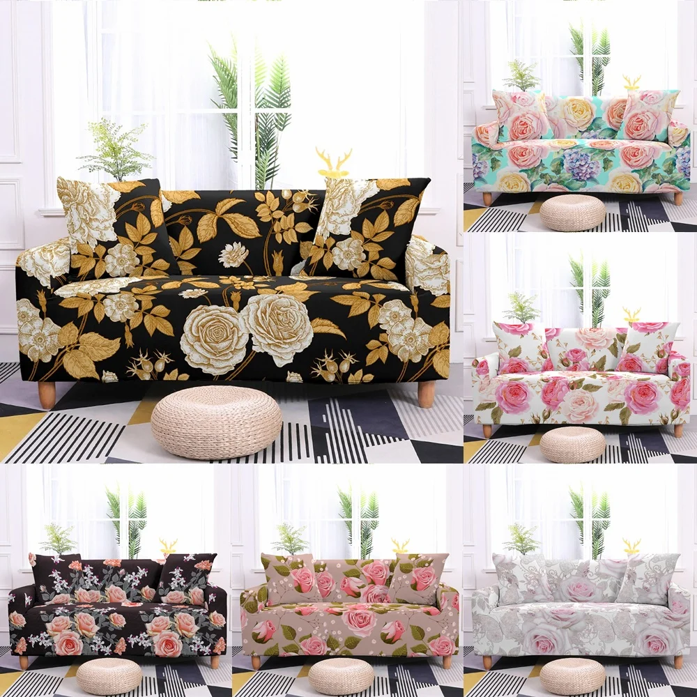 

Pink Rose Elastic Sofa Cover Living Room Golden Leaf Flower Rural Couch Covers Sectional Corner Spring Floral Armchair Slipcover