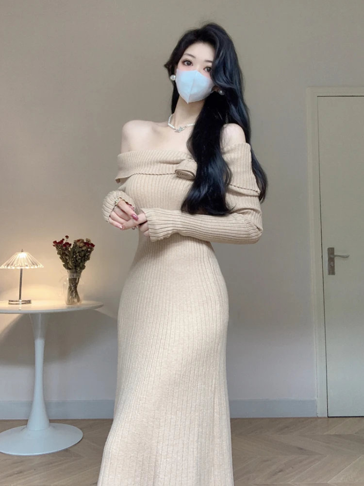 Женское трикотажное платье с открытыми плечами винтажное Элегантное Длинное