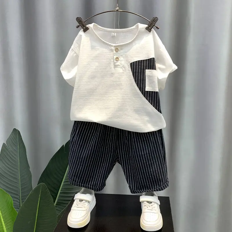 Boy's Cool Handsome Summer Wear Suit 2022 New Baby Fried Street Striped Clothes Children's Handsome Children's Clothing
