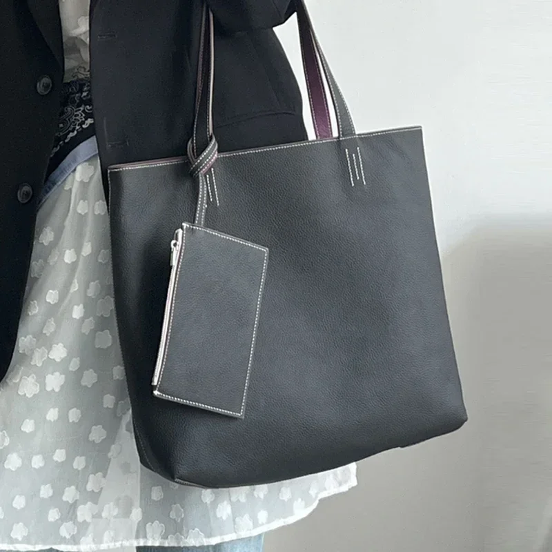 Вместительная сумка-тоут из мягкой кожи двухсторонняя сумочка воловьей сверху